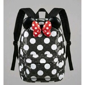Disney Parks Minnie Mouse Sequin Backpack‎ Black White Polka Dot Red Bow Ears